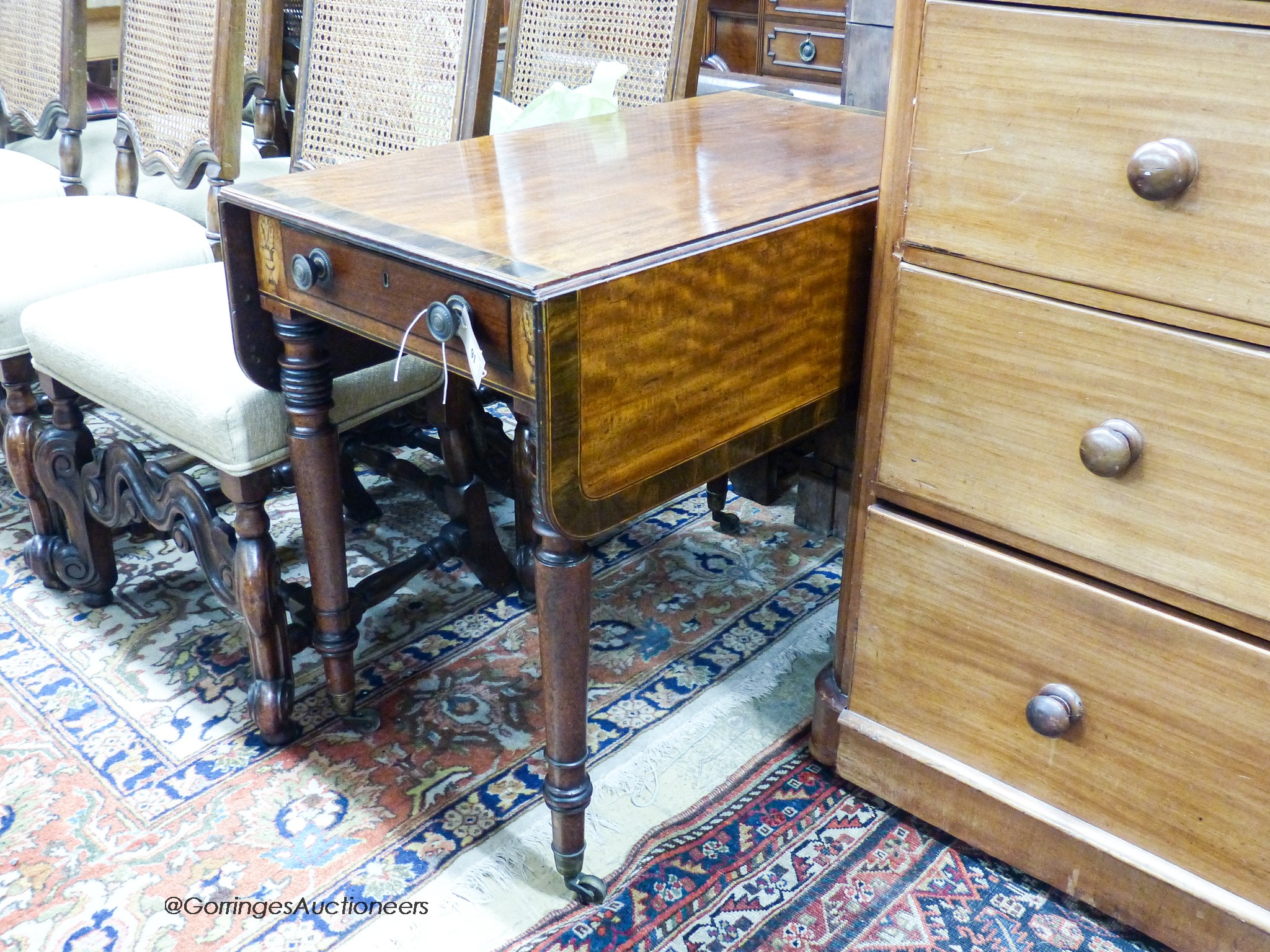 A George IV rosewood banded mahogany Pembroke table, width 90cm, depth 50cm, height 72cm